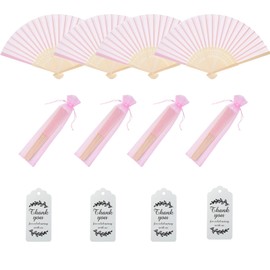 SL crafts 50pcs Fabric Hand Fan Fabric Bamboo Handheld Folded Fan with Organza Bags and Thank you Tags Wedding Party Favors (Pink)