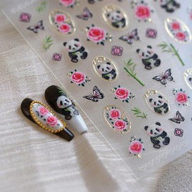 5D Embossed Panda Nail Stickers Bamboo Nail Art Stickers Self-Adhesive Rose Nail Decals Chinese Style for Nail Art Butterfly Nail Supplies Spring Stickers for Women Girls DIY Manicure