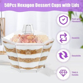 LATERN Pack of 50 Plastic Dessert Cups with Lids, 100 ml Hexagonal Dessert Cups, Transparent Parfait Appetizers Cups, Reusable Serving Bowl with Lid for Party (7.5 x 4.5 cm)