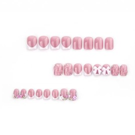 Pink Press on Nails Flower Fake Nails Bow Rhinestone Glue on Nails with 5D Floral Design Short Square Stick on Nails Glossy Reusable Artificial Acrylic Full Cover False Nails for Women Manicure 24Pcs