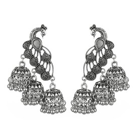 Jhumka Tassel Drop Earrings Indian Ethnic Vintage Earring Peacock Statement Oxidized Antique Traditional Jhumki Earring for Women Party Festival Boho Bohemian Bollywood Jewelry Gift (Silver)