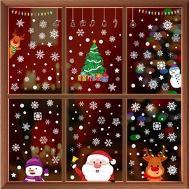 WALPLUS Christmas Window Stickers Clings Xmas Decoration Reusable Double-Sided Print Decals for Glass Living Room Windows Display Xmas Friends with Snowflakes 190 Pieces
