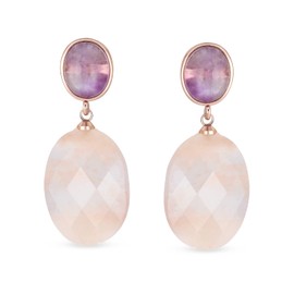 Elegant Gemstone Purple Amethyst Oval Accent Natural Briolette Peach Pink Rose Quartz Faceted Oval Drop Earrings For Women Rose Gold Plated