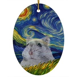 Whimsical Night Sky Grey Hamster Christmas Ornament White Oval Ceramic - Impressionist Pet Portrait Memorial Keepsake Gifts for Hamster Lovers