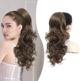 PEONYMEBEAUTY 22" Long Wavy Curly Ponytail Extension,Multi-layered Fluffy Thick Drawstring Ponytail Natural Soft Synthetic Hair Pieces for Women Clip in Medium Brown