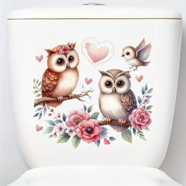 Merry Christmas Owl Heart Bird Toilet Cover Sticker Decals,Spring Flower Leaf Butterfly Waterproof Toilet Lid Tank Seat Decals Cistern Self-Adhesive Bathroom Wall Sticker