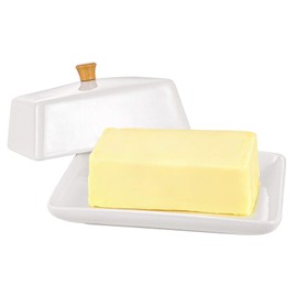 TENINYU Ceramic White European Butter Dish with Lid for Countertop - Wide 2 Stick Double Butter Holder Perfect for East West Coast Butter, Dishwasher Safe (White, 7 Inch)