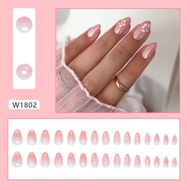 Short Pink Press on Nails Almond Fake Nails with Floral Design Glossy Gradient Pink Valentines Nails Cute False Nails Short Acrylic Glue on Nails Spring Cherry Blossom Stick on Nails for Women 24Pcs
