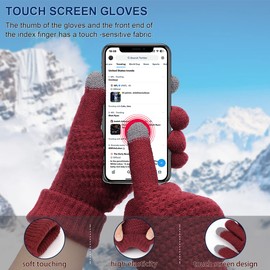 3 Pack Winter Knitted Brim Beanie Hats Gloves Scarf Set Warm Hat Scarf and Touchscreen Gloves for Men Women (Wine Red)