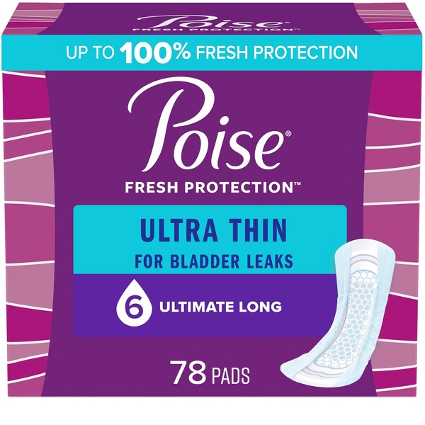 Poise Ultra Thin Incontinence Pads & Postpartum Incontinence Pads, 6 Drop Ultimate Absorbency, Long Length, 78 Count, Packaging May Vary