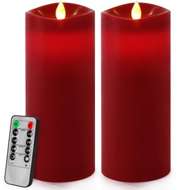 Enpornk 7” x 3” Flameless Candles, Flickering Moving Flame LED Candles, Battery Operated Candles with Remote and Timers, Burgundy, Set of 2