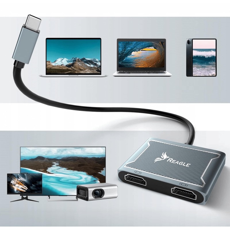 Reagle USB-C HUB Adapter - Dual HDMI 4K, 100W PD,