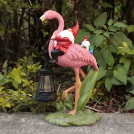 Solar Powered Pink Flamingo Garden Sculpture with Gnomes, Handcrafted Resin Flamingo Statue Holding Warm Light LanternColor: Pink, Size: One Size