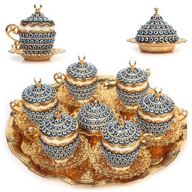 Alisveristime 27 Pc Turkish Greek Arabic Coffee Espresso Cup Saucer Set (Gelincik- Evil Eye) (Gold)