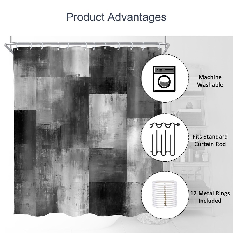 AMBZEK Grey Patchwork Shower Curtain - Modern Black and White