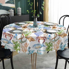AOYEGO Marine Animals Round Tablecloth 60 Inch Fish Hippocampus Starfish Conch Crab Coral Bottle Ship Anchor Table Cloth Polyester Tablecloths for Home Decor, Parties, Picnic