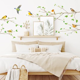 DECOWALL SG-2111 Green Tree Branch Wall Stickers kids Garden Birds Decals removable for Nursery Bedroom Living Room art home decor background decoration