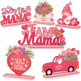 Blosssound 6 Pcs Mother's Day Spainish Table Decorations Feliz Dia Mama Wooden Table Centerpieces Feliz Dia De Las Madres Tabletop Decor Sign for Mother's Day Party Home Supplies Birthday Photo Prop