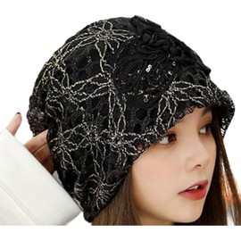 Plus Nao Women's Lace Cap, Summer Knit Hat, Embroidered, Floral Pattern, Sequins, Corsage, Elegant, Cute, Fashionable, Black