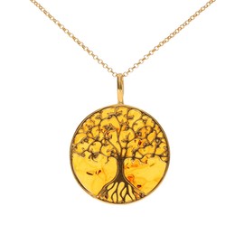 Artisana-Schmuck Amber Pendant Tree of Life Pendant (without Chain) Made of Amber and Gold-Plated 925/000 Sterling Silver, Gold-plated 925/000 sterling silver Baltic Amber, Amber