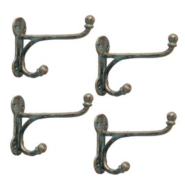 WHW Whole House Worlds Vintage Style Wall Hooks, Set of 4, Shabby Distressed Finish, Brassy Gold, Green-Blue Patina, Cast Iron, Each is 6 Inches Long