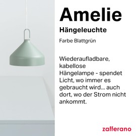 Zafferano, Amelie Sospensione Lampe, Wiederaufladbare und Kabellose Tischlampe mit Touch Control, Geeignet für den Innen- und Außenbereich, Dimmer, 2200-3000 K, Höhe 34 cm, Farbe Blattgrün