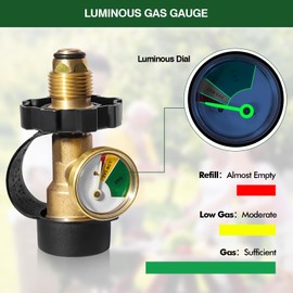 100 lb Propane Tank Adapter with Gauge, Universal Fit POL Propane Tank Gauge Converts POL Gas Tank Service Valve to QCC1 / Type 1, Old to New Connection Type, Solid Brass (1 Pack)