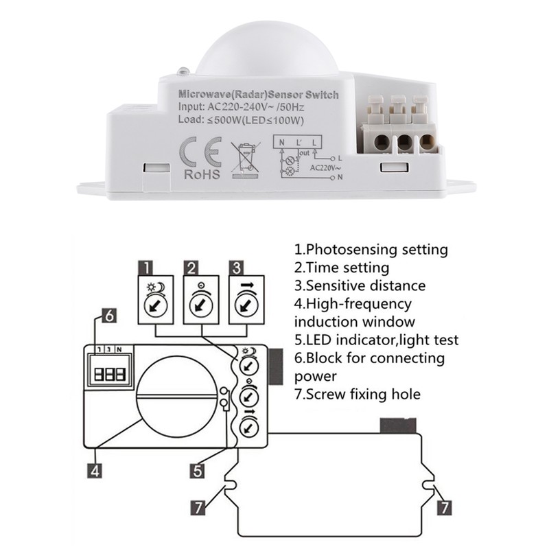 1pc 360 Degree 500W Radar Motion Detector Smart Microwave Sensor