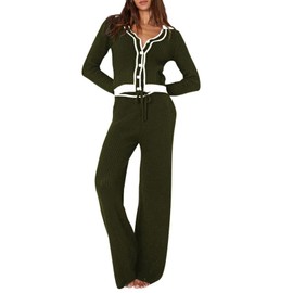 Viottiset Women's 2 Piece Outfits Sweatsuit Knit Long Sleeve Sweater Wide Leg Pants Loungewear Army Green Small
