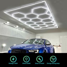 Hexagon LED Garage Light,700W 6500K 77000LM 81Pack 4.8x2.4m 14 Grid Systems with Border Garage Honeycomb Light Ceiling LED for Gym Basement Warehouse Detailing Workshop Lighting (hexagon-14-frame)