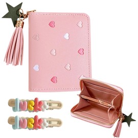 Verazquy Cute Girls Purse with 2Pcs Lucky Hairpins, Solid Kids Wallet with Star Pendant PU Leather Ladies Purse with Tassel Zipper Embroidery Hearts Slim Short Coin Purse for Children Teenagers Ladies