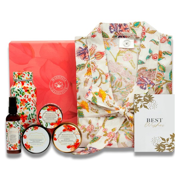 Mother's Day Holiday Robe Spa Gift Set- 7 pc for New Mothers Postpartum Moms & Expecting- Luxurious Gift Set w Jasmine Candle Honey Lotion Coconut Oatmeal Body Scrub - All-Natural for Self-Care