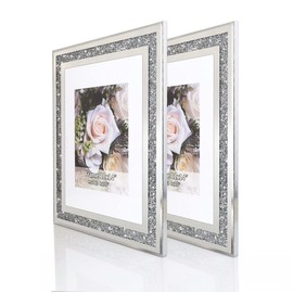 Crushed Diamond Wedding Mirror Photo Frame, Crystal Silver Glass Picture Frame For Photograph Size 11x14 inch With Mat for 8x10 inch, Pack of 2 Pieces Wall Frame. Bling Sparkle Diamond Home Decor.