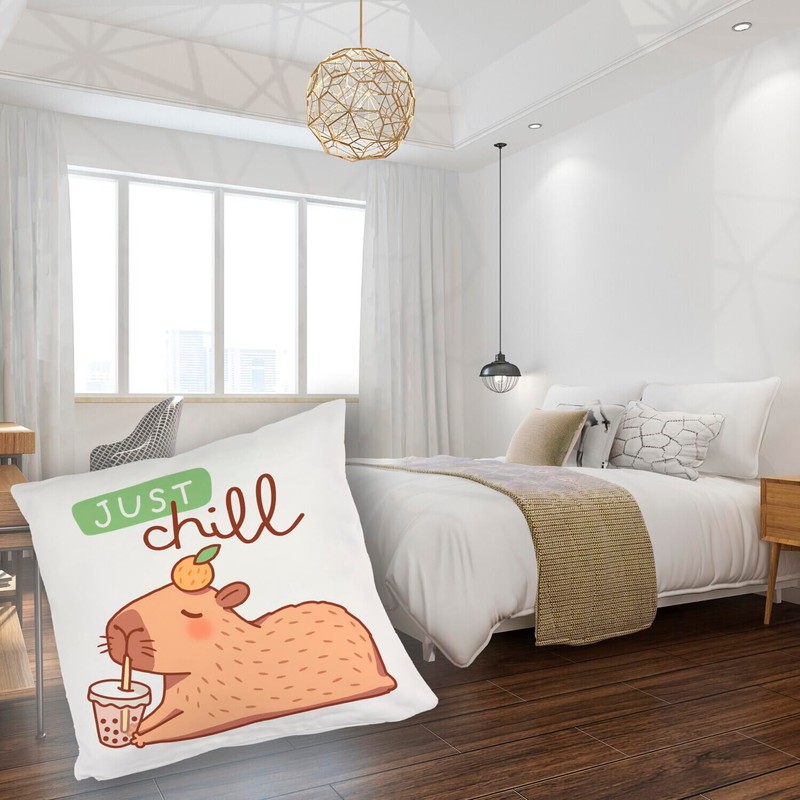 Capybara with Bubble Tea Cuddly Cushion with Saying Just Chill