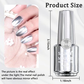 SIUSIO 18ml Mirror Nail Polish, Bright Colorful Metallic Nail Polish for Nail Art, Longlasting Mirror Effect Nail Glue, Gorgeous Reflective Manicure Nail Lacquers, 0.61 fl oz-Silver