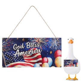 4th of July Porch Goose Sign, God Bless America Sign Wooden Patriotic Independence American Flag Plaque Goose Outfits Decoration Accessories for Outdoor Yard Porch Lawn