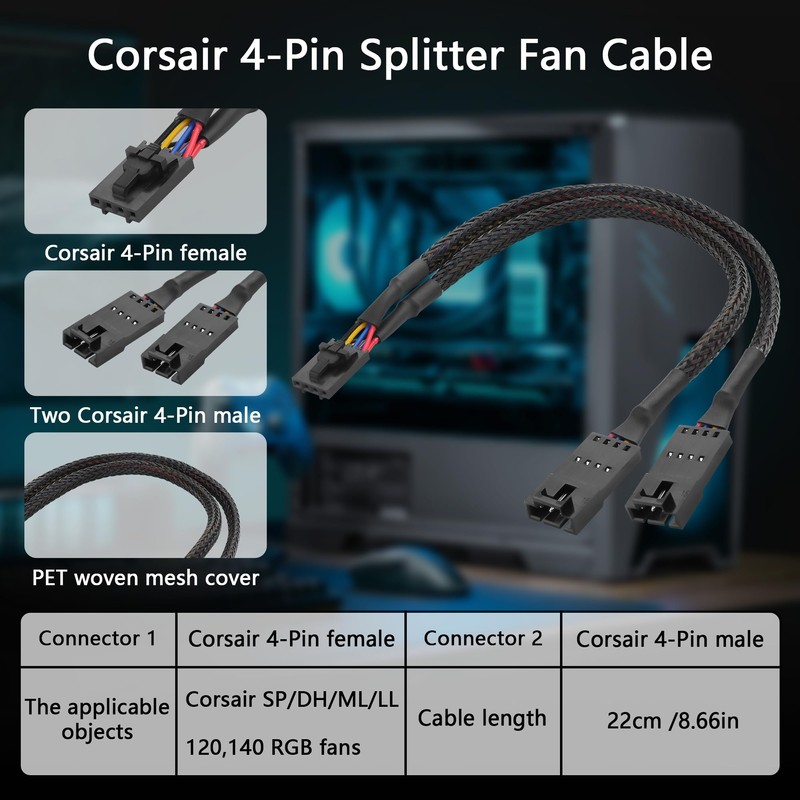 GINTOOYUN 2 Pcs 4 Pin Splitter Fan Cable 4 Pin