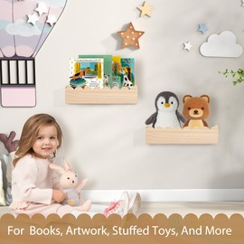 PHOENANCEE Scalloped Shelves,Nursery Bookshelf,Kids Floating Book Shelves Wood,Baby Toys Storage Decor Organizer for Living Room Bedroom,Wavy Edge,Preassembled,2 Pack,Pine(Natural Wood)