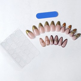 24Pcs Handmade Almond Press on Nails Medium Length Fake Nails 3D Flower Rhinestone Nails French Tip False Nails Kit Acrylic Nails Press ons Full Cover Glue-Free Nails Artificial Nails for Women