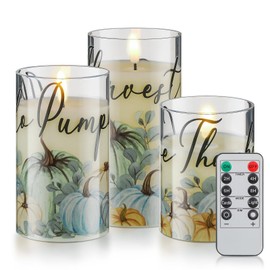 MTLEE 3 Pcs Fall Flameless Candles Pumpkin Farmhouse LED Candles Fake Candles with Remote Battery Operated Timer Painting Autumn Harvest Thanksgiving Gift for Home Party Christmas Botanical Fall Decor