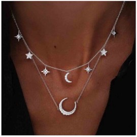 Yheakne Boho CZ Moon Star Necklace Choker Silver Layered Northstar Necklace Rhinestone Crescent Pendant Necklace Layered Crescent Necklace Chain for Women and Girls Festival Jewelry