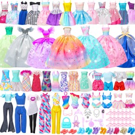 Style Shine 52 Pcs Doll Clothes and Accessories,2 Wedding Gowns 6 Fashion Dresses 2 Set Casual Outfits Top and Pant 2 Swimsuit,20 Hanger 10 Shoe 10 Accessories Toys for Girls Kids Birthday Gift