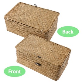 Vosarea Rattan Storage Basket Makeup Organizer Multipurpose Container with Lid (M)