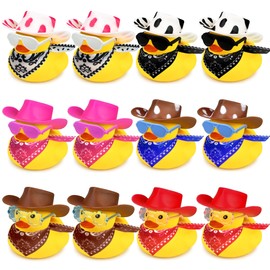 12 Sets Cowboy Ducks with Mini Hat Scarf and Sunglasses Mini Bath Duck Toys for Birthday Swimming Party Gift Favor Decorations