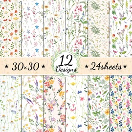 24 Sheets Floral Pattern Scrapbook Paper, 12 Designs Double-Sided Floral Decorative Paper Scrapbook Craft Paper, 12 x 12 Inch Craft Supplies Card Making Scrapbook DIY Floral Background Paper