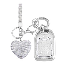 Vicoca for Chevy 5 Button key fob cover with Diamond Heart Keychain, Car Accessories TPU for 2023 2022 2021 2020 2019 GMC Sierra and Chevy Silverado 1500 2500HD 3500HD, Silver Clear