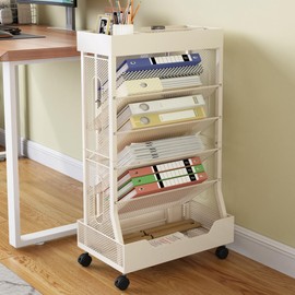 Book Cart with Wheels Mobile Bookshelf Rolling Bookshelf Organizer Bookcase Book Storage Rack, Book Movable Rolling Carts with Wheels for Office School, Beige