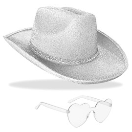 DAJOOEE Cowgirl Hat with Heart Sunglasses Glitter Cowboy Hat for Women Cosplay Bachelor Party Costume Hats (Silvery)