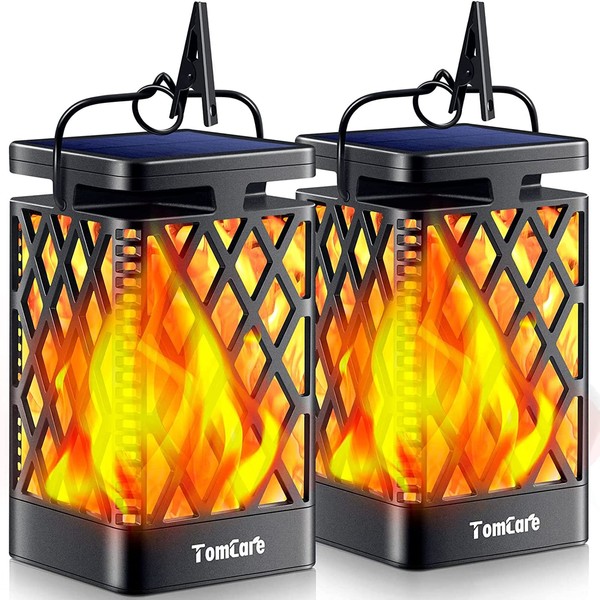 TomCare Solar Lights Outdoor Flickering Flame Solar Lantern Outdoor Hanging Lanterns Decorative Outdoor Lighting Solar Powered Waterproof LED Flame Christmas Lights for Patio Garden, 2 Pack(Black)