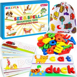 Juguetes educativos de aprendizaje para niños y niñas de 2, 3, 4, 5, 6 años, juego de letras a juego con tarjetas del alfabeto para niños, juguete de constructores de palabras CVC preescolar, regalos
